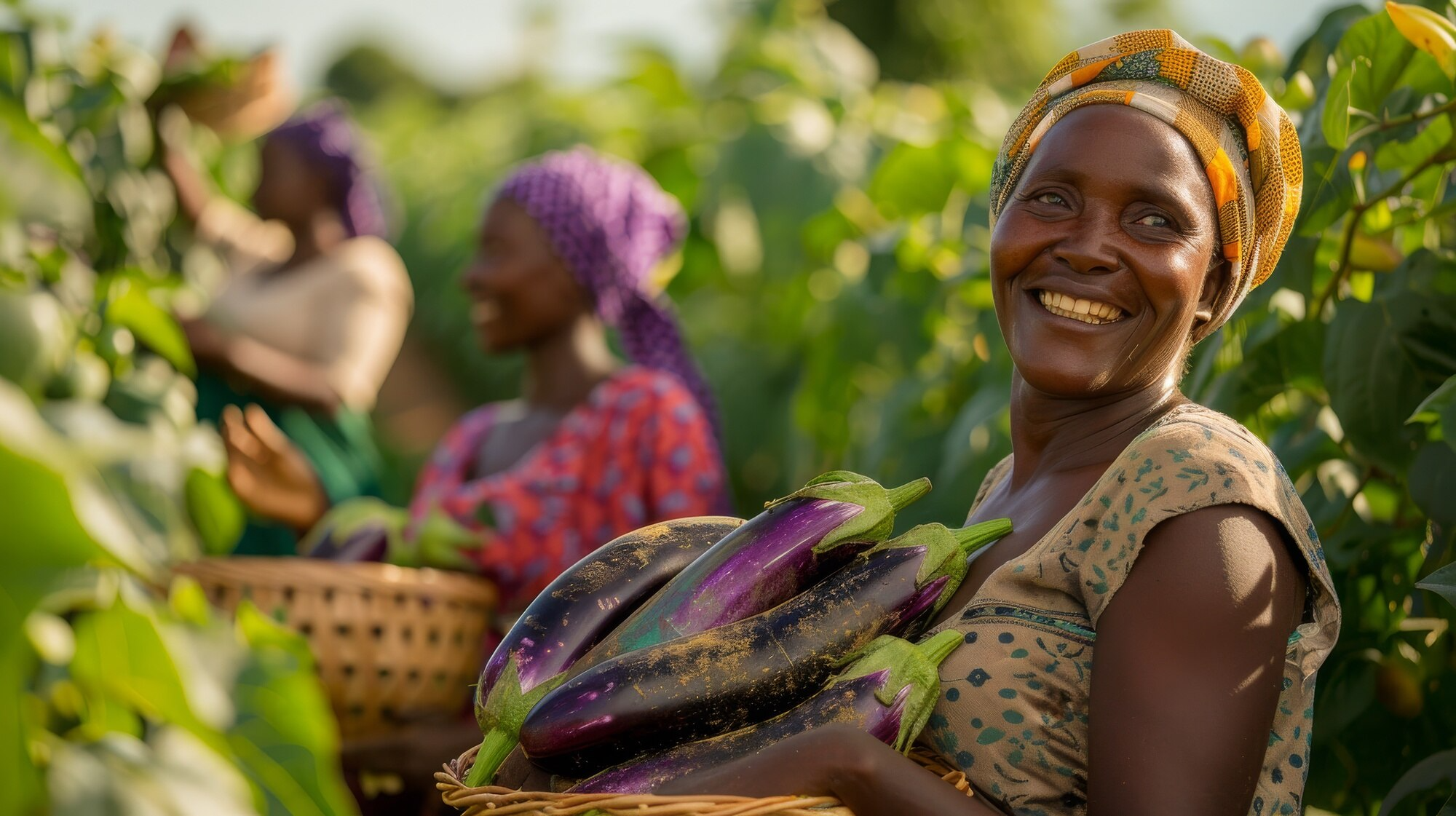 A woman farmer carrying a basket garden eggs